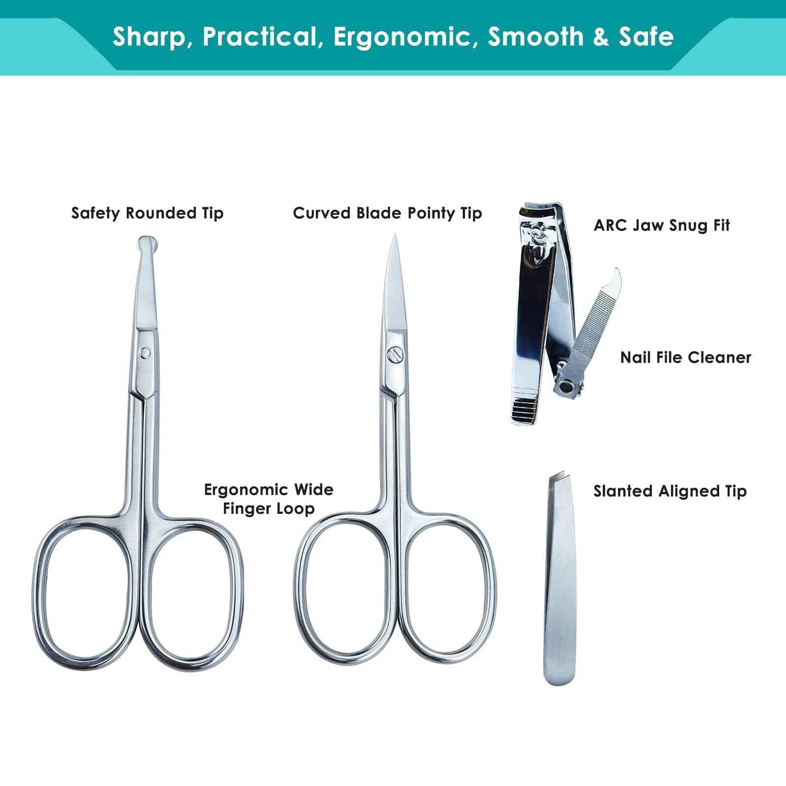 5Pcs Beauty Grooming Eyebrow Scissor Men Women Facial Nose Hair Scissor Curved Round Blunt Mustache Beard Manicure Pedicure Trimmer Set Stainless Steel Slant Tweezers Nail Clipper Pet Dog Scissor Kit