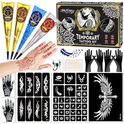 Temporary Tattoo Stencil Kit - 44 Templates, 4 Ink Colors