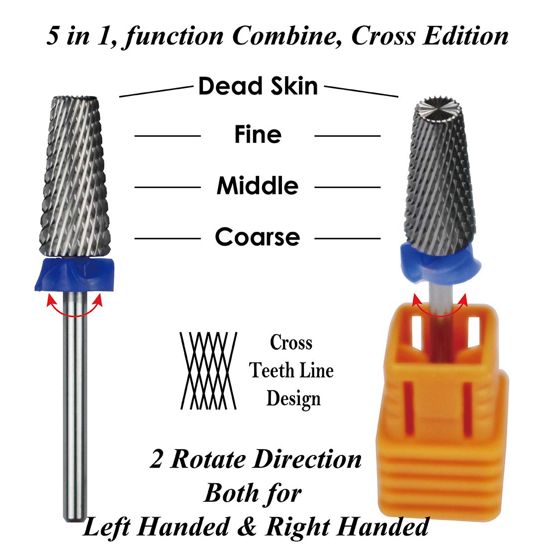 ianblues Multi-function Nail Drill - 5 in 1, Cross Teeth Edition for Electric Drill Machine, both for Left & Right hand people, Grit Size: 3XC, XXC, XC, C, M, F, XF, XXF (Middle, M)