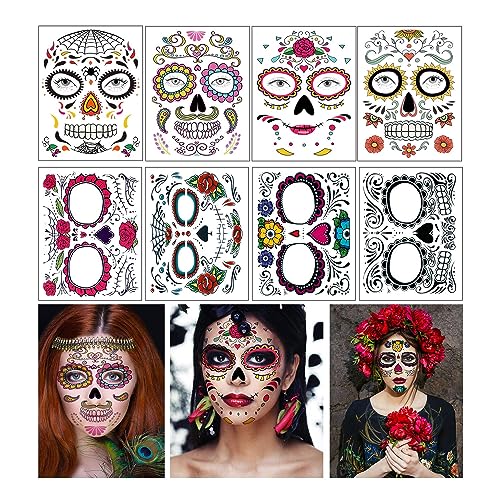 Day of the Dead Face Tattoos, 8 Sheets Sugar Skull Temporary
