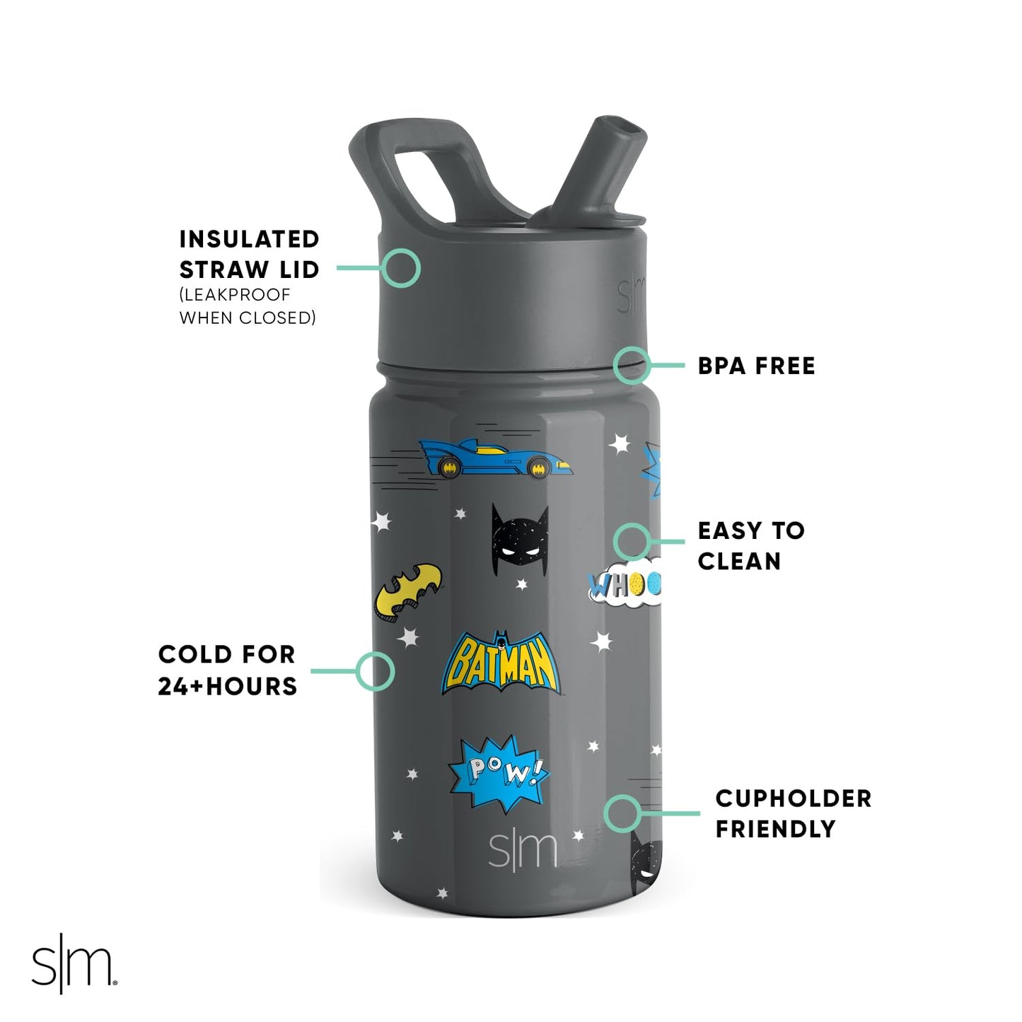 Simple Modern DC Comics Batman Kids Water Bottle with Straw Lid | Reusable Insulated Stainless Steel Cup for School | Summit Collection | 14oz, Batman POW!