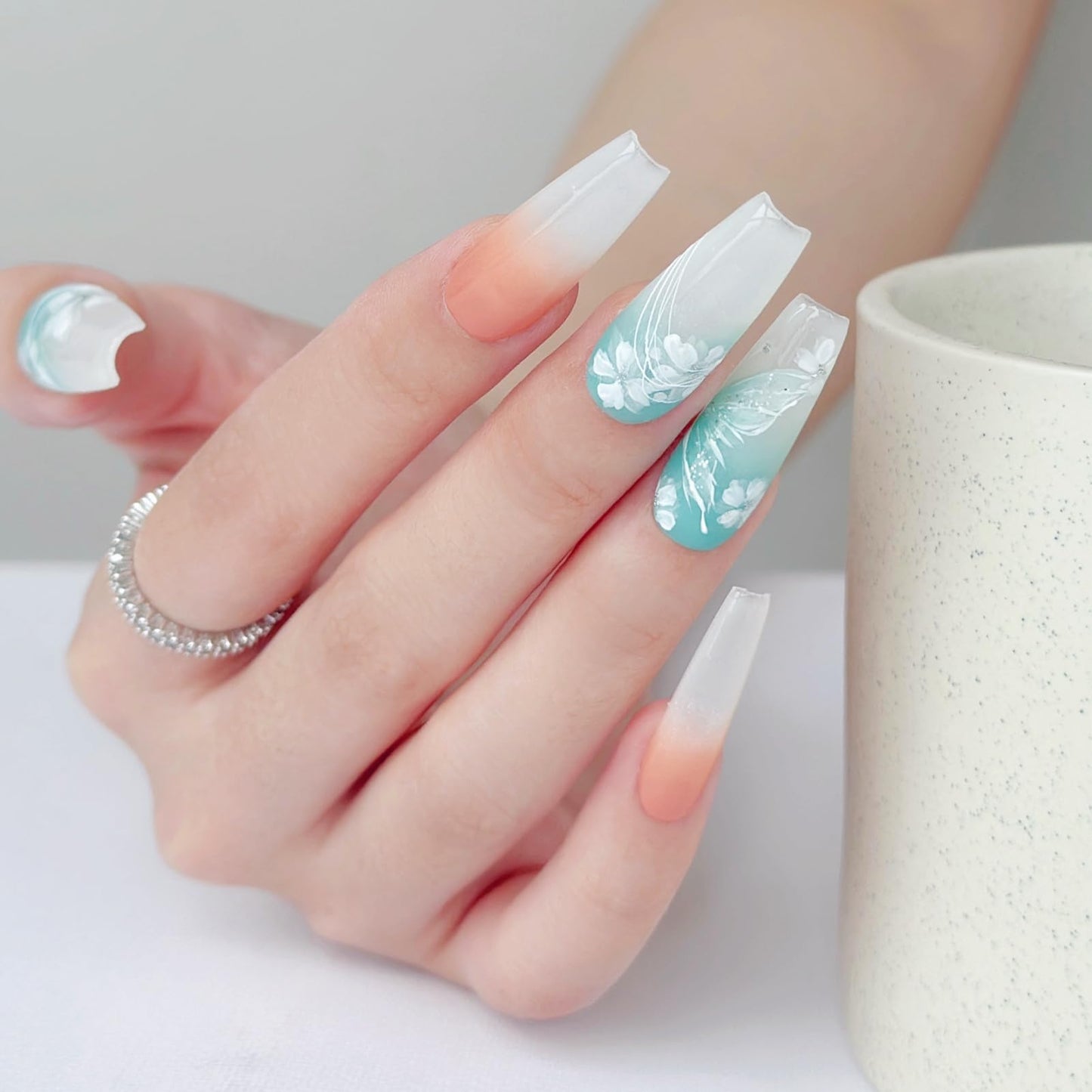 LARSOOY Nails Handmade Press on Nails Long Coffin | Hand Painted Nails with flowers Blooming | Reusable Fake Nails for Cool Summer | False Nails 10 Pcs (Dawn Walk,M)