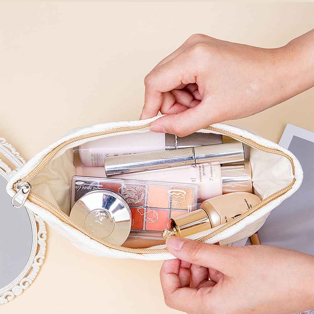 FITINI Makeup Bag Travel Large Portable Quilted Floral Print Cosmetic Organizer Cute Pouch for Women Soft Cotton Zipper Waterproof Toiletry Storage Bags,White Shell