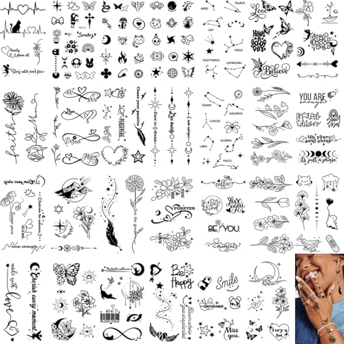 350 PCS Small Finger Temporary Tattoo for Women- butterfly Flower Rose Letter Realistic Black Fake Tiny Tattoos Waterproof Long Lasting Tattoos Stickers Sexy Tattoo for Adults