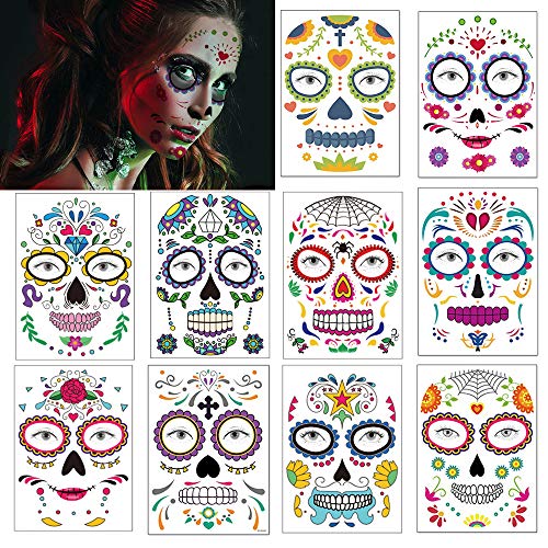 Day of the Dead Temporary Tattoos - 10 Pack Sugar Skull Face Stickers