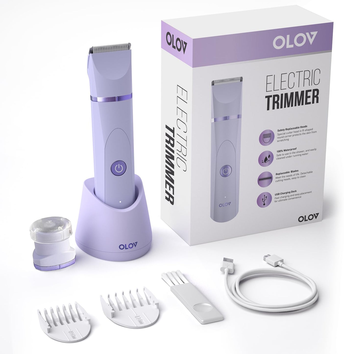 OLOV Bikini Trimmer for Women - Wet/Dry Electric Body Shaver Groomer, Replaceable Ceramic Blade Heads, Face Hair Remover Head & USB Recharge Dock, Waterproof Hygiene Razor, Purple