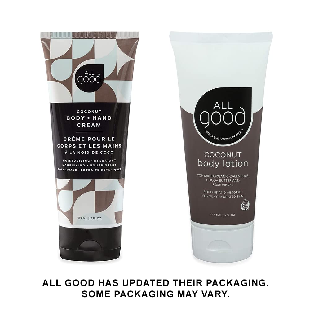 All Good Hand & Body Lotion - Moisturizing Organic Lotion, Essential Oils, Calendula, Cocoa Butter, Coconut & Rose Hip Oil, Non GMO, Vegan (3-Pack)(Coconut)