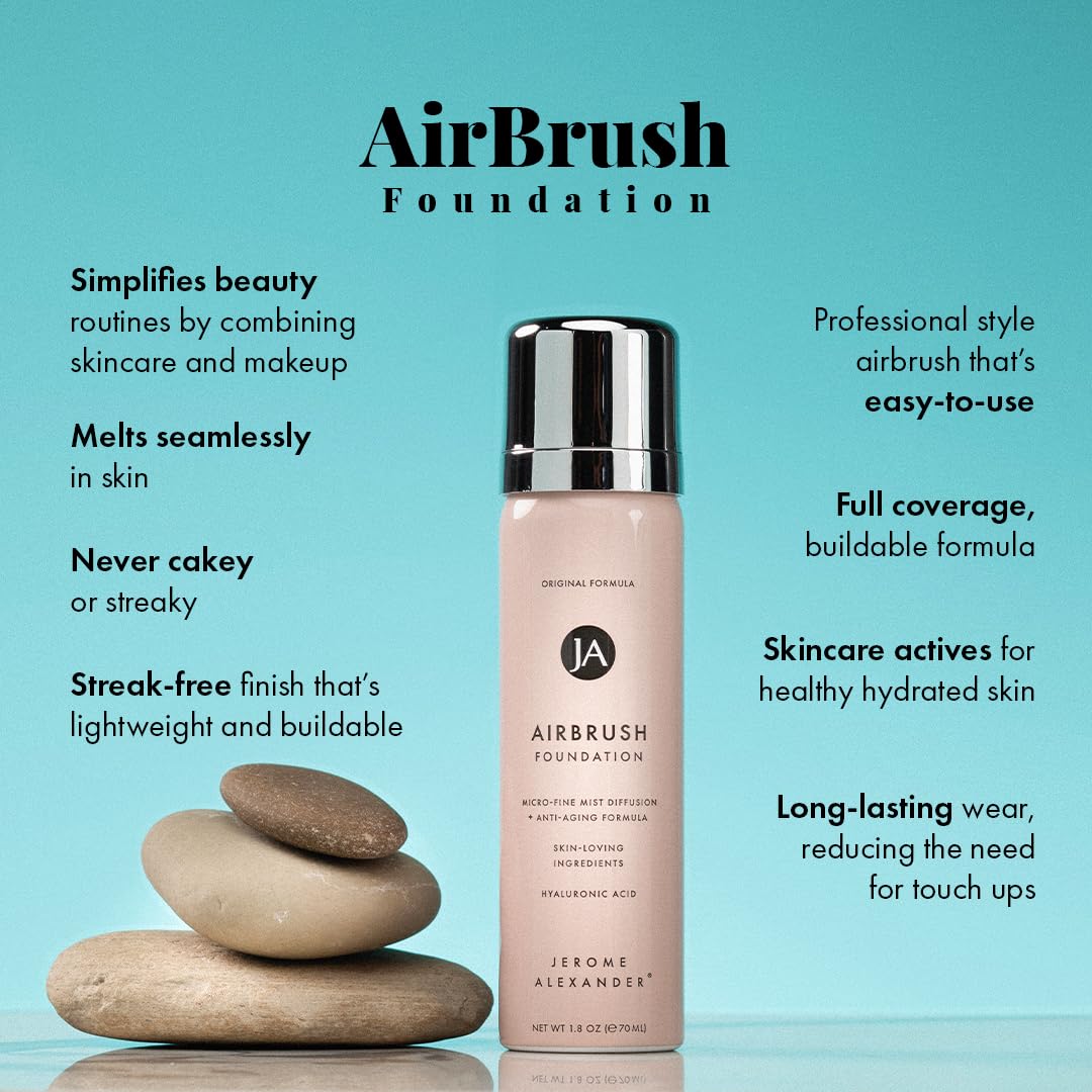 MagicMinerals AirBrush Foundation by Jerome Alexander – 2pc Set with Airbrush Foundation and Kabuki Brush - Spray Makeup with Anti-aging Ingredients for Smooth Radiant Skin - Bright Light