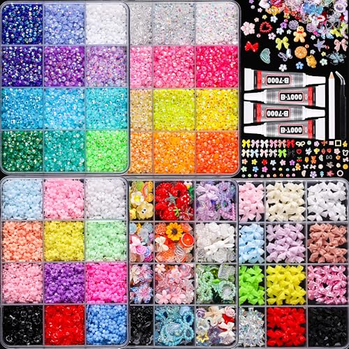 LERBOU 5-Box Nail Art Kit with 24-Color Resin Rhinestones Flowers & Bowknot Decorations