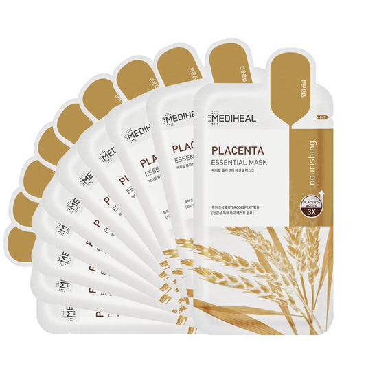 Mediheal Best Korean Sheet Mask - Placenta Essential Face Mask 10 Sheets For Anti-aging, Korean rejuvenazing mask, ultra-nourishing, glowy skin treatment