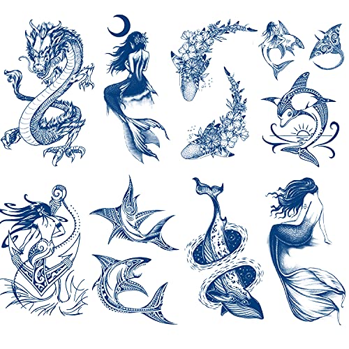 Semi-permanent Tattoos, 8-Sheet Plant-Based Ink Infinity Fake Shark Tattoo Stickers, 2 Weeks Long Last Waterproof Tattoos