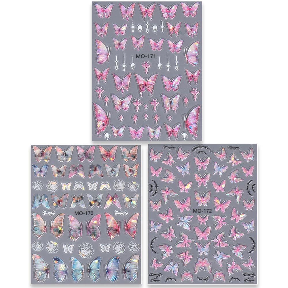 5D Aurora Butterfly Nail Stickers for Women Cartoon Butterfly Nail Art Stickers for Nail Designs Embossed Butterfly Stickers for Nails Design Rose Flower Butterfly Nail Decals for Nail Art Supplies