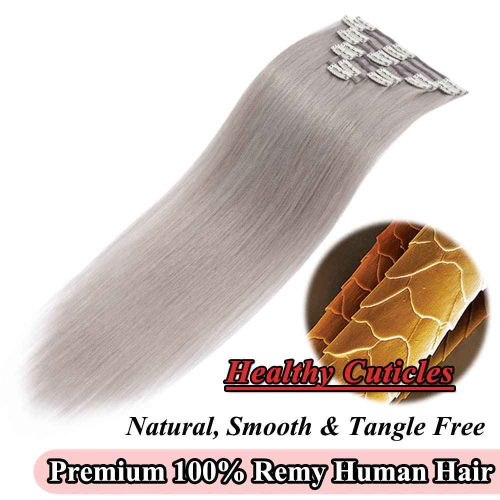 MY-LADY Clip in Hair Extensions Real Human Hair Gray 12 Inch 55g Remy Hair Grey 8pcs Weft Balayage Full Head Natural Straight for Women