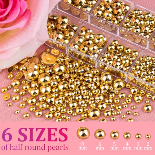 Belleboost Gold Flatback Pearls for Nails - 6 Sizes Nail Art Kit with Tools