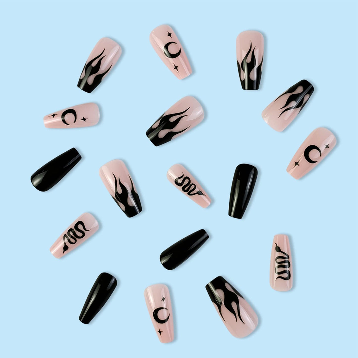 FOAMEE Medium Press on Nails Coffin Gothic Fake Nails with Designs Acrylic Glossy Black False Nails for Women