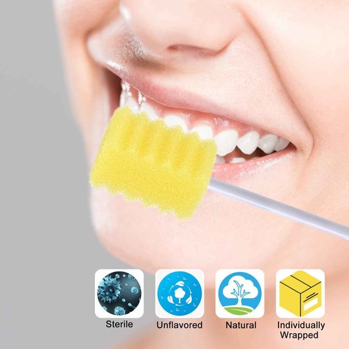 100 Pcs Disposable Mouth Swabs Sponge, BVN Oral Swabs, Oral Care Swabs Disposable, Mouth Swabs, Unflavored and Sterile Disposable Dental Swabsticks for Mouth Cleaning, Sawtooth-Shaped Yellow.