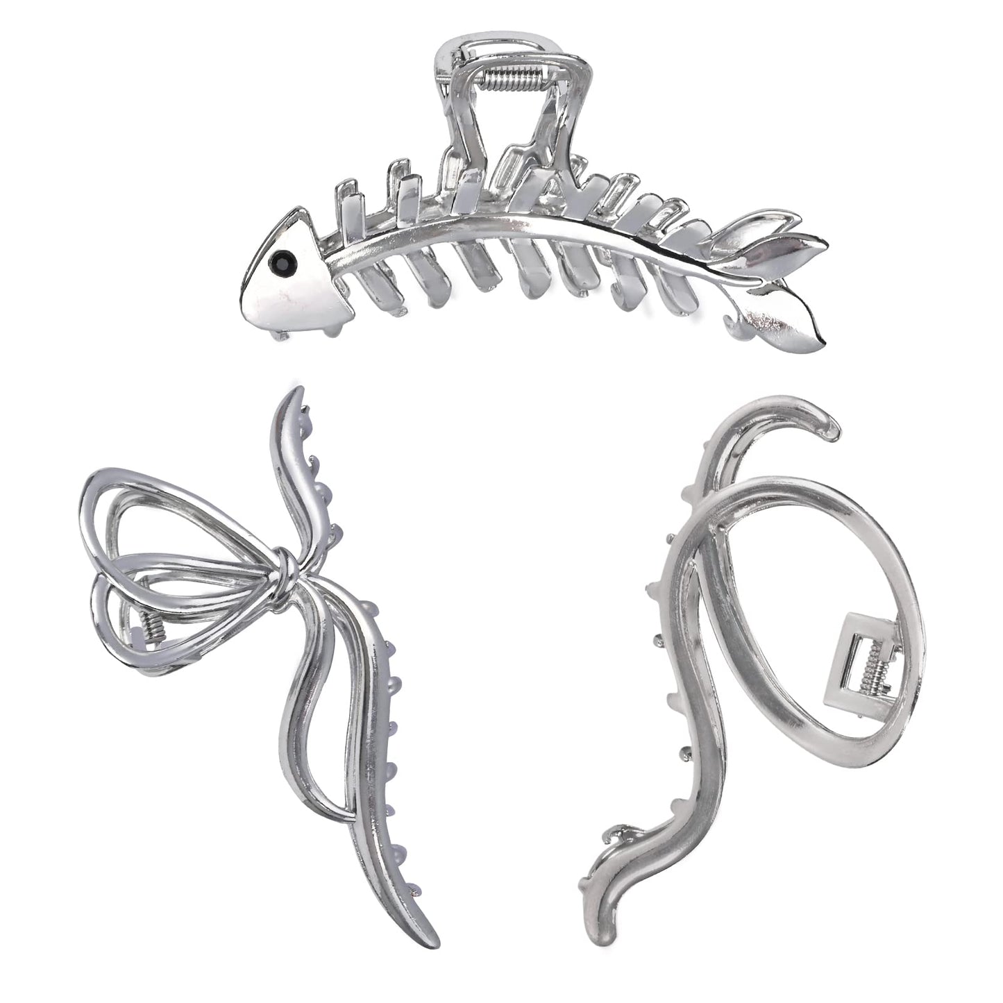 Yonchic 3-Piece Multiple Shapes Metal Hair Clips: Silvery Fish Bone Claw, Elegant Bowknot Barrettes, Strong Hold Clamps and Cute Catch Accessories