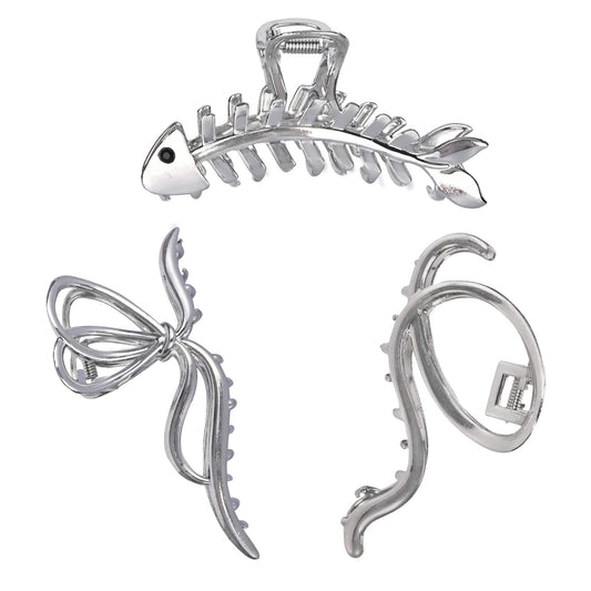 Yonchic 3-Piece Multiple Shapes Metal Hair Clips: Silvery Fish Bone Claw, Elegant Bowknot Barrettes, Strong Hold Clamps and Cute Catch Accessories