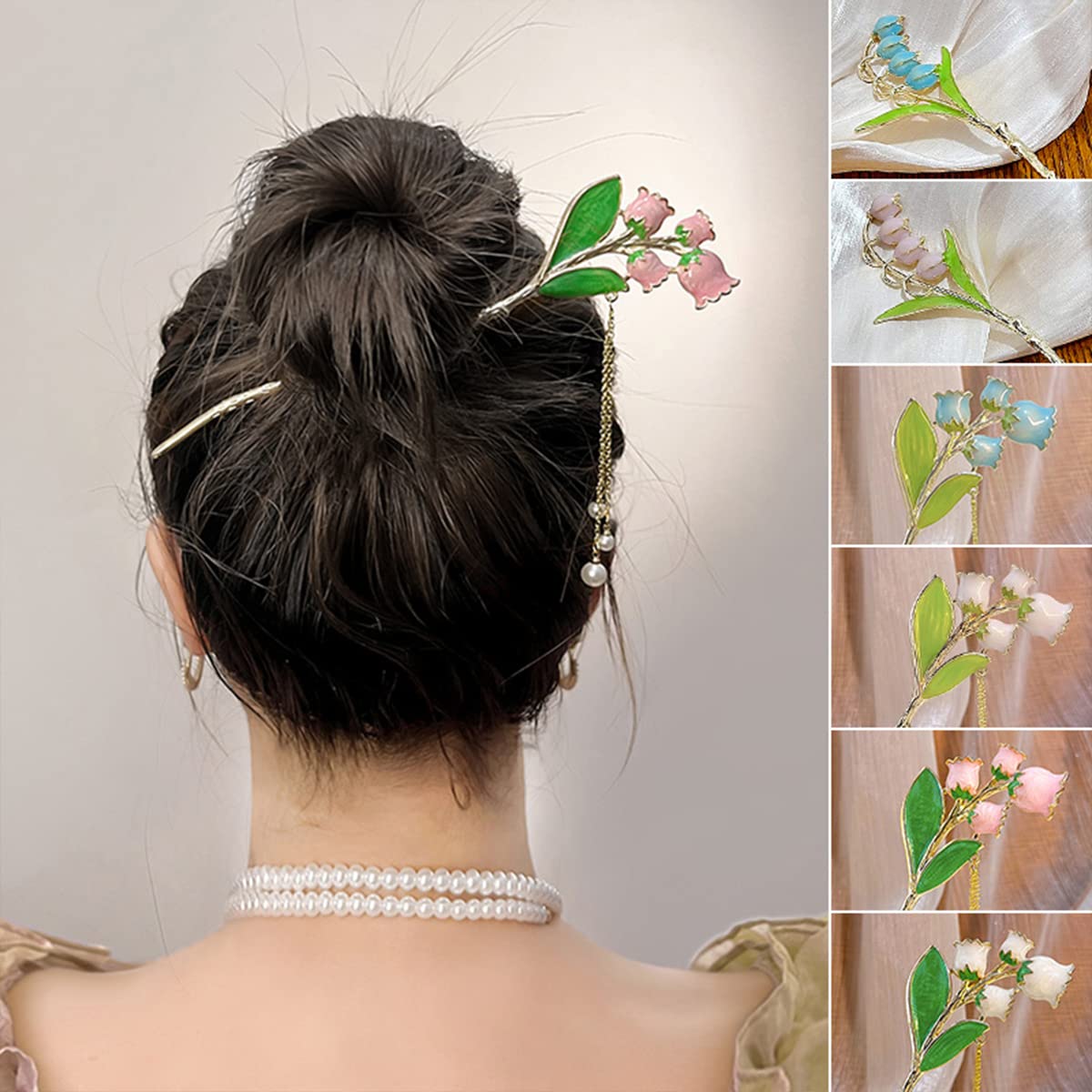 Lily of the Valley Pearl Hair Sticks for Women, Dainty Pearl Flower Metal Hair Slide Hairpin Clips Hair Pin Hair Jewelry Accessories for Her (White)