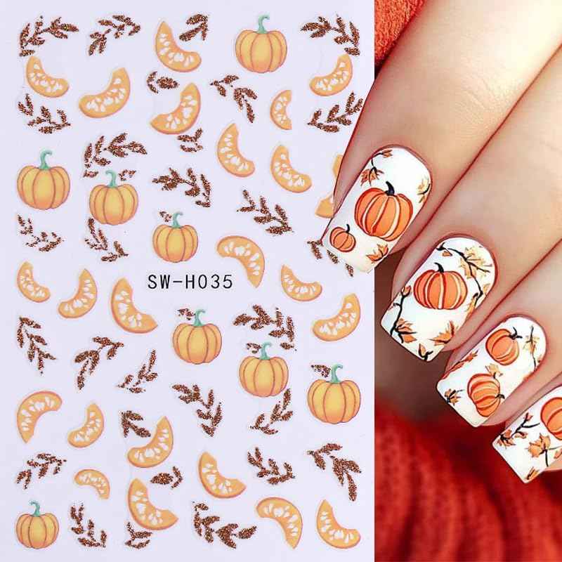 Pumpkin Nail Art Stickers Fall Maple Leaf Nail Decals 6PCS Maple Leaves Pumpkin Nails Design 3D Self-Adhesive Nail Art Supplies Fall Stickers for Nails Thanksgiving Day Women DIY Manicure Decorations