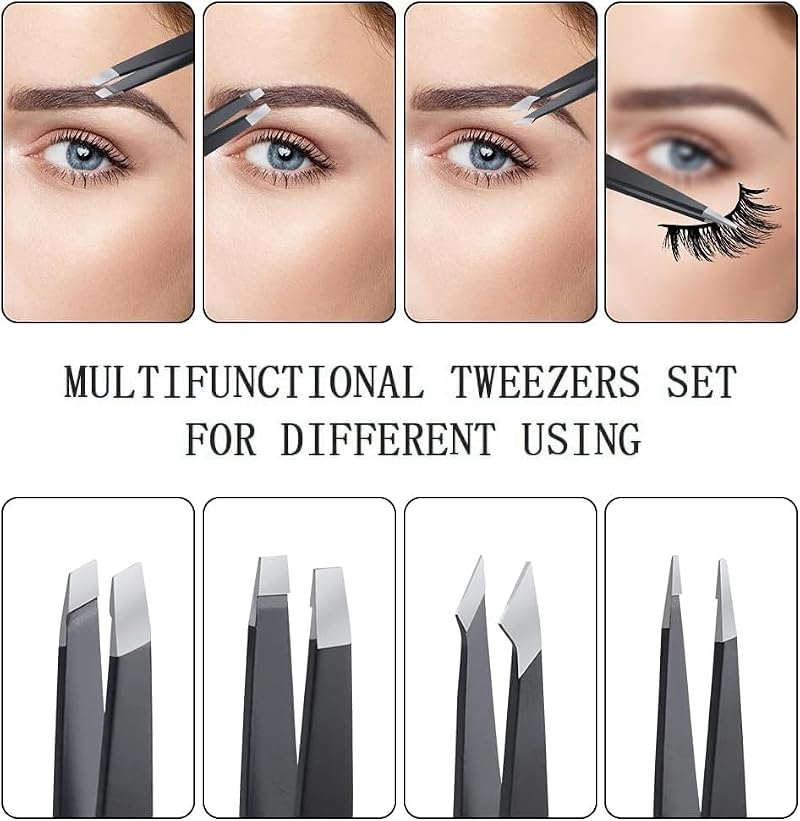 Black 4-Piece Stainless Steel Tweezers Set for Eyebrows & Facial Hair Removal
