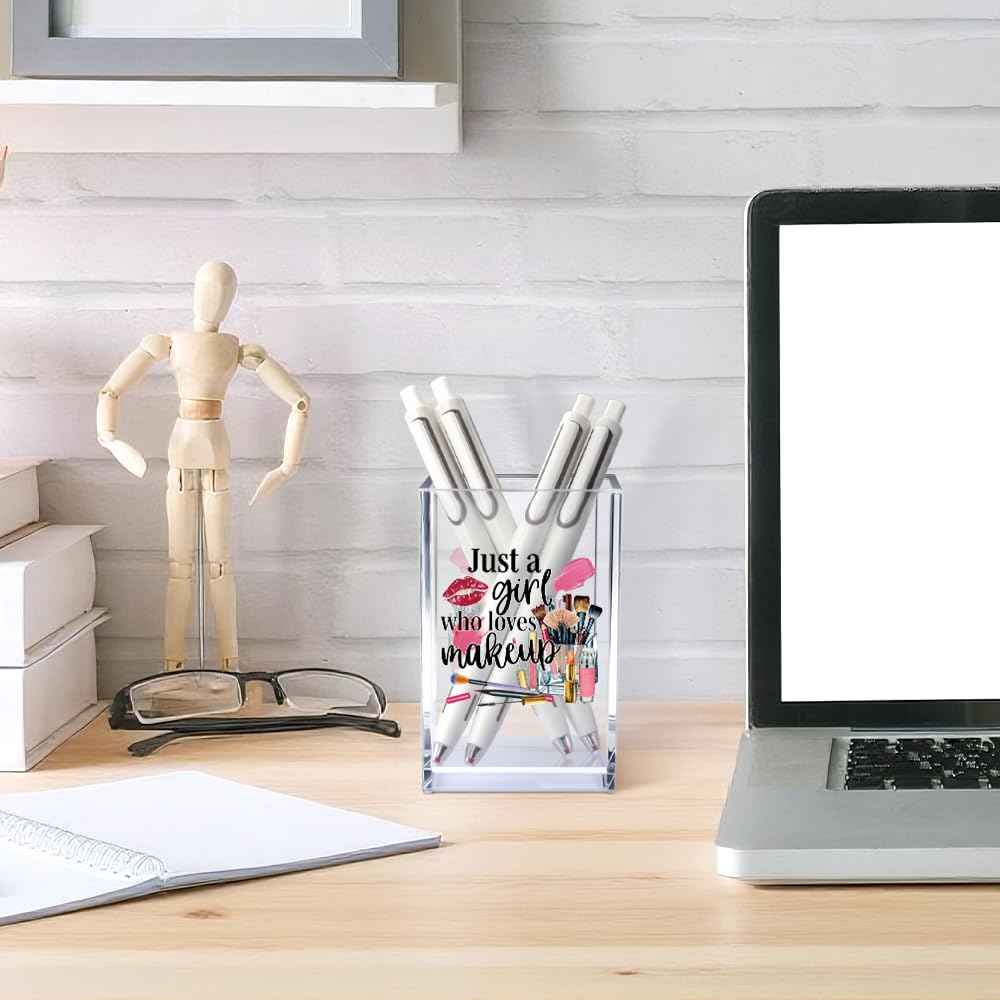 Vgrti Just A Girl Who Loves Makeup Acrylic Makeup Brush Organizer Holder, Girls Desk Acrylic Brushes Storage, Christmas Birthday Gifts for Daughter Niece Sister BFF Make Up Artist Makeup Lover