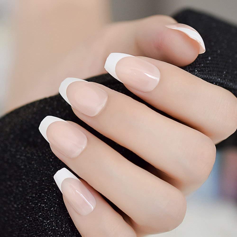 CoolNail natural Nude White French Coffin False Fake Nails Press on Flat Ballerina Nails Art Tips Daily Office Finger Wear Manicure 24pcs