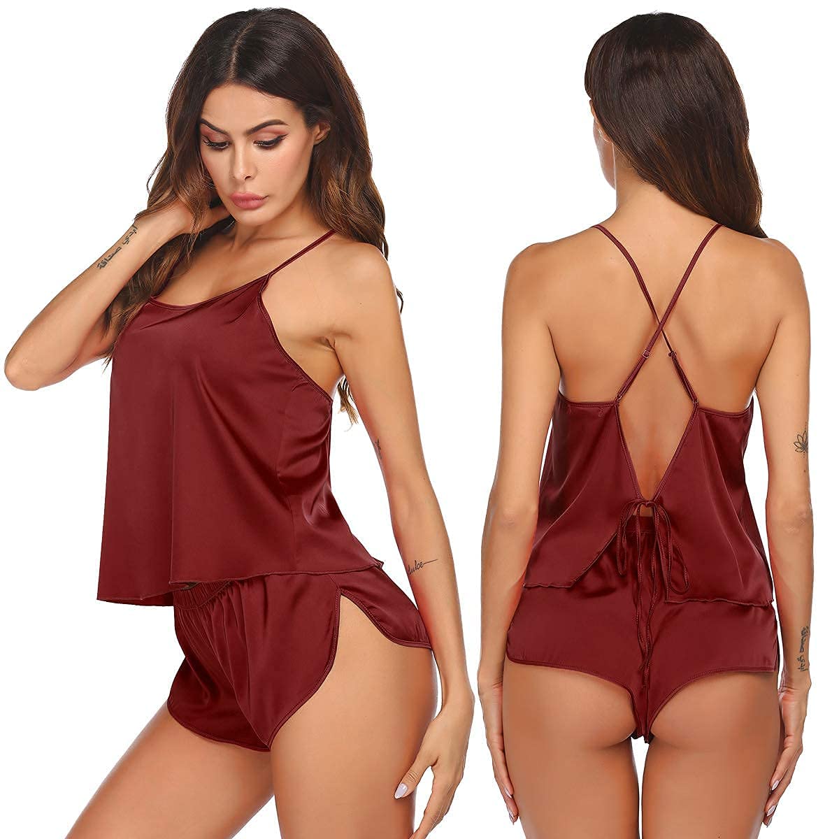 Ekouaer Silk Pajamas Set for Women Satin Backless Lingerie Pjs Cami Top and Shorts Nightwear Dark Red