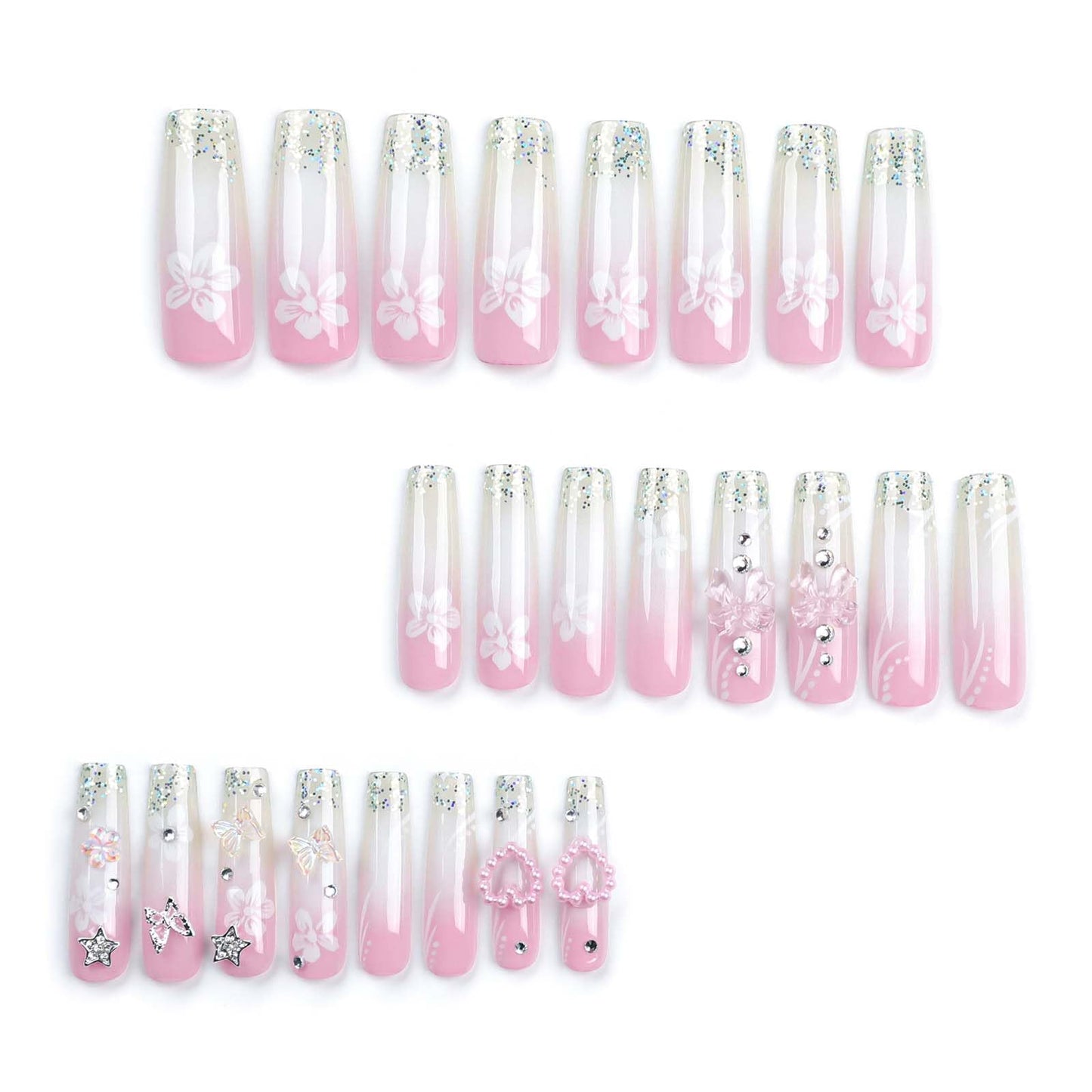 Long Square Press on Nails Ombre Pink Fake Nails with 3D Bow Heart Rhinestone Design Flower Acrylic Nails Glitter French Tip Glue on Nails Glossy Full Cover Artificial Nails for Women Girls 24Pcs