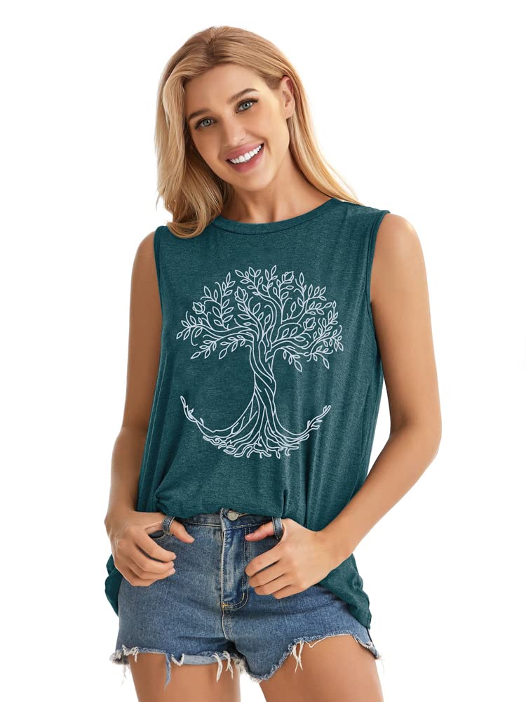 Graphic Sleeveless Tops for Women Tanks Summer Casual Loose Tunic Blouses(Green Tree, S)