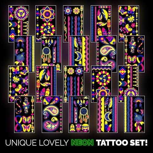 Glow in the Dark Neon Temporary Tattoos - 20 Sheets, 170+ Unique Designs for Party Rave Festival