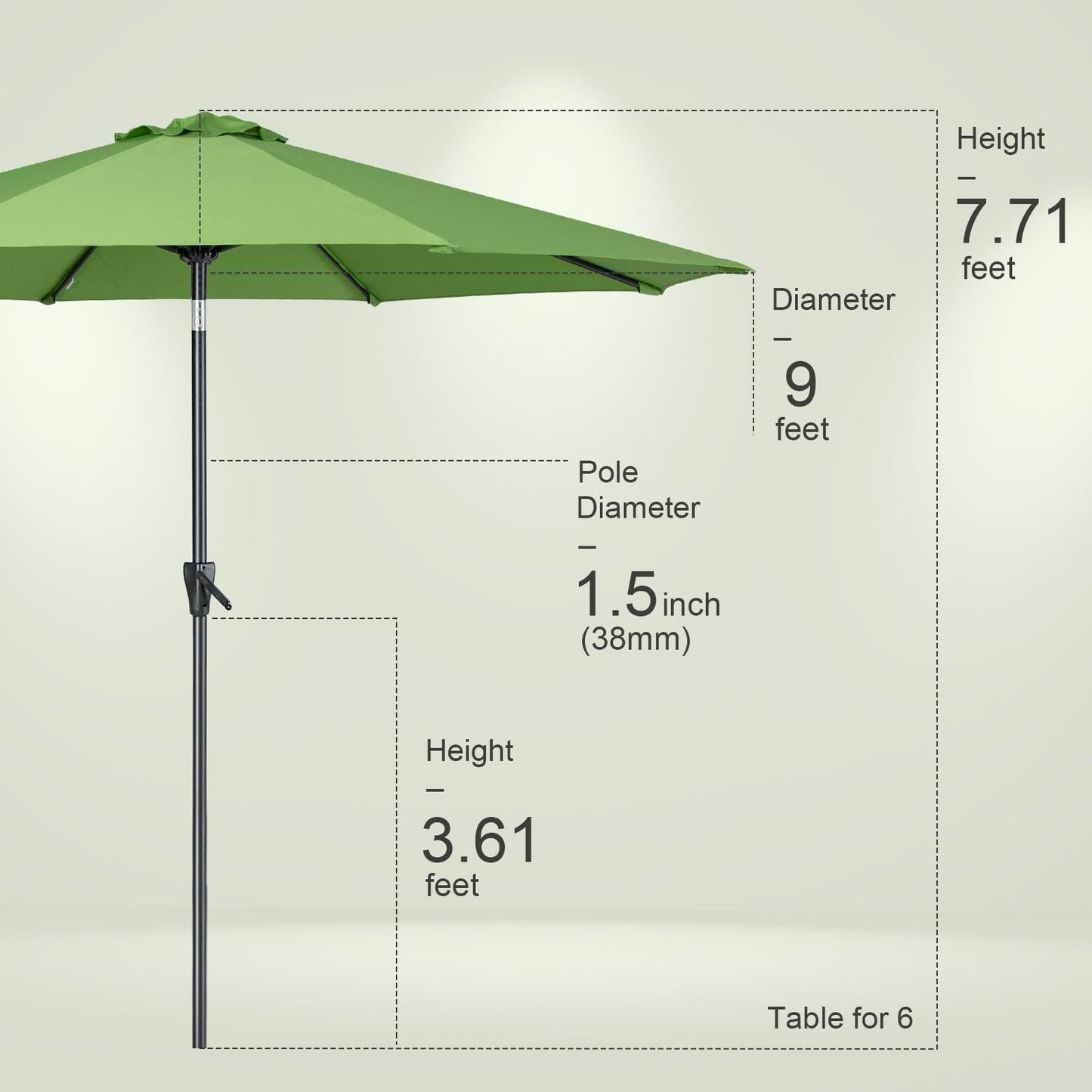 Tempera 9ft Patio Market Outdoor Table Umbrella with Push Button Tilt and Crank,Large Sun Umbrella with Sturdy Pole&Fade resistant canopy,Easy to set, Green