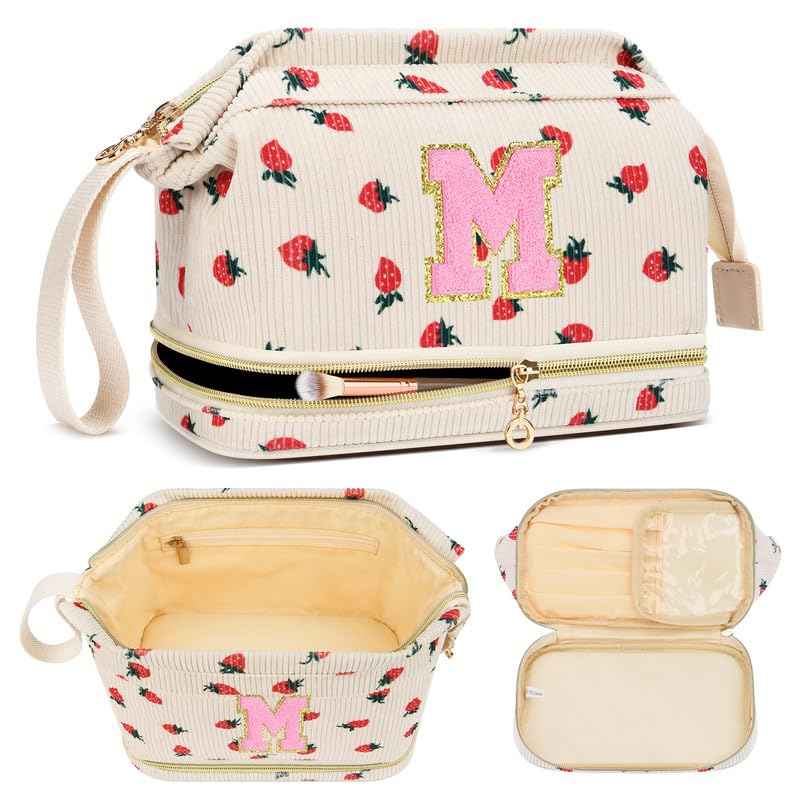 DTBG Personalized Initial Makeup Bag,Strawberry Quilted Makeup bag Christmas Gifts for Girls,Double Layer Travel cosmetic Bag with Make up Brush Organizer,Cute Travel Toiletry Pouch-M