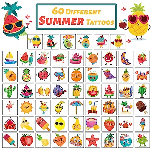240 Pcs Summer Fruit Temporary Tattoos for Kids, Safety Waterproof Bulk Tattoos Stickers, Hawaiian Themed Tattoos Toys, Best Choice for Summer Party and Goody Bag Stuffers, 60 Different Designs