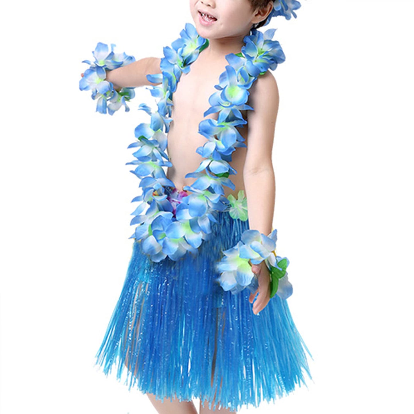 Hawaiian Leis Luau Tropical Headband Flower Crown Wreath Headpiece Wristbands Women Cute Floral Necklace Bracelets Hair Bands for Summer Beach Vacation Pool Party Decorations Favors Supplies Blue