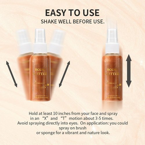 Body Glitter Spray Highlight, 4 Shimmering Color, Quick-Drying Formula Moisturizing Liquid Highlighter for Black/White Skin Women Men for Party, All Body Parts (03 Bronze)