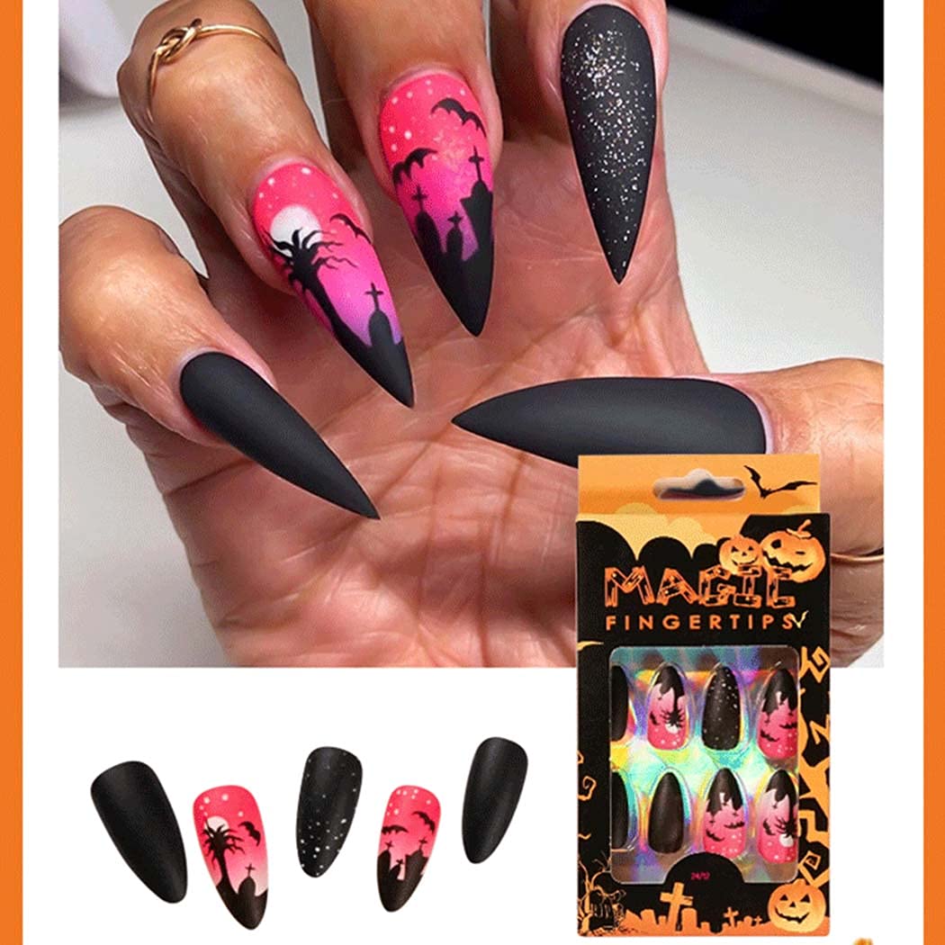 Outyua Stiletto Halloween Long Press on Nails with Design Horror Acrylic Fake Nails Ballerina False Nails Designer Full Cover Nails 24Pcs for Women and Girls (Pink Tree)