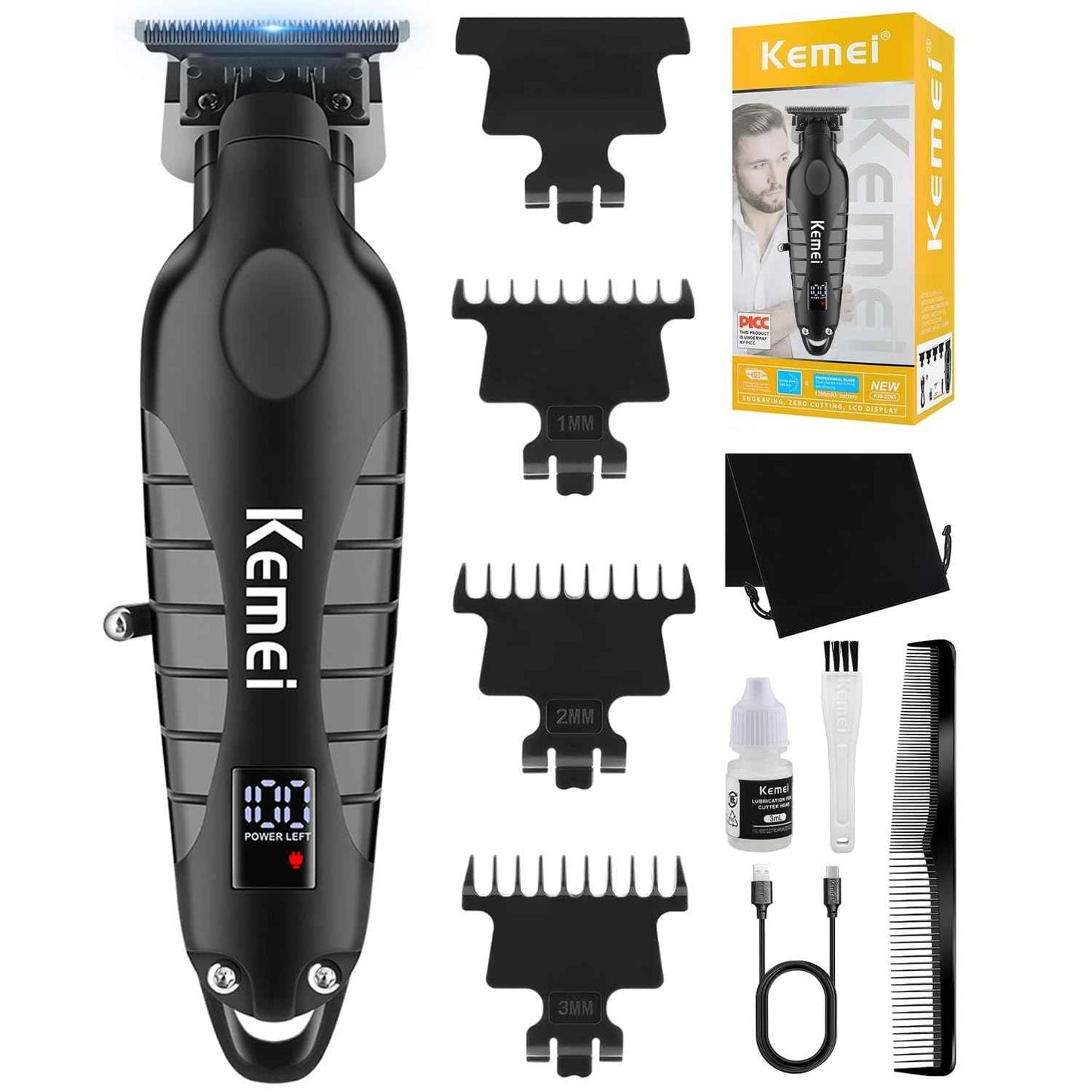 KEMEI Trimmer Professional Cordless Hair Clipper for Men Electric Beard Trimmers Barber Hair Cuttings Kit, Zero Gapped T Blade Trimmers with LCD Display, KM-2293, Black