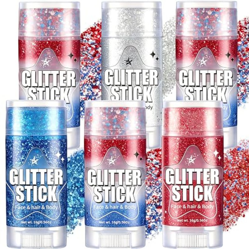AROIC 6Pc Patriotic Glitter Sticks - Red White Blue Face & Body
