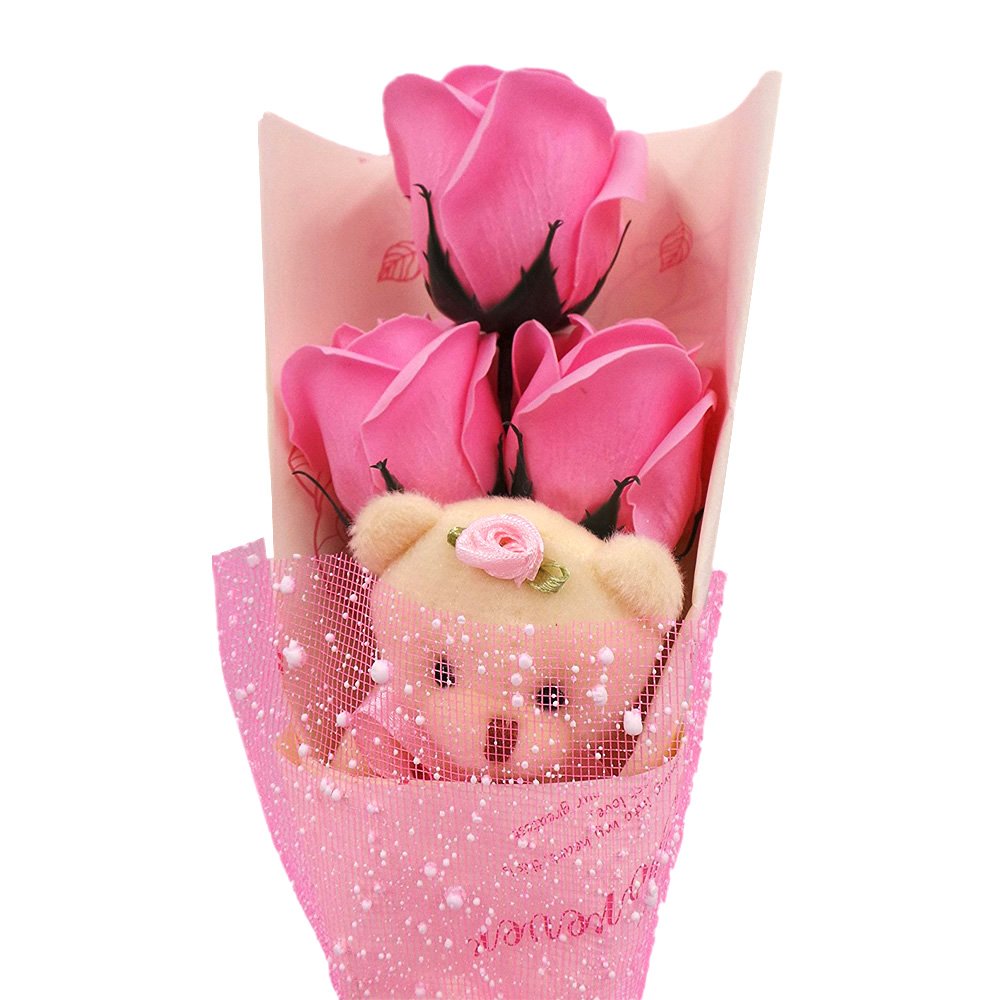 Abbie Home Flower Bouquet 3 Scented Soap Roses Gift Box with Cute Teddy Bear for Her Him Valentine's Day Anniversary Wedding Mothers Day Birthday Gift and Proposal-Pink