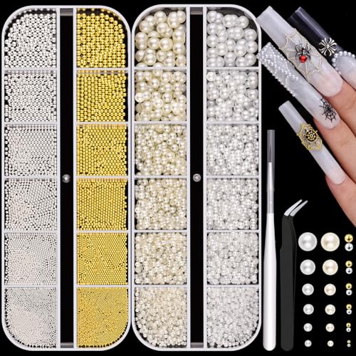 Flatback Pearls & Metal Caviar Beads Nail Art Set for Acrylic Nails