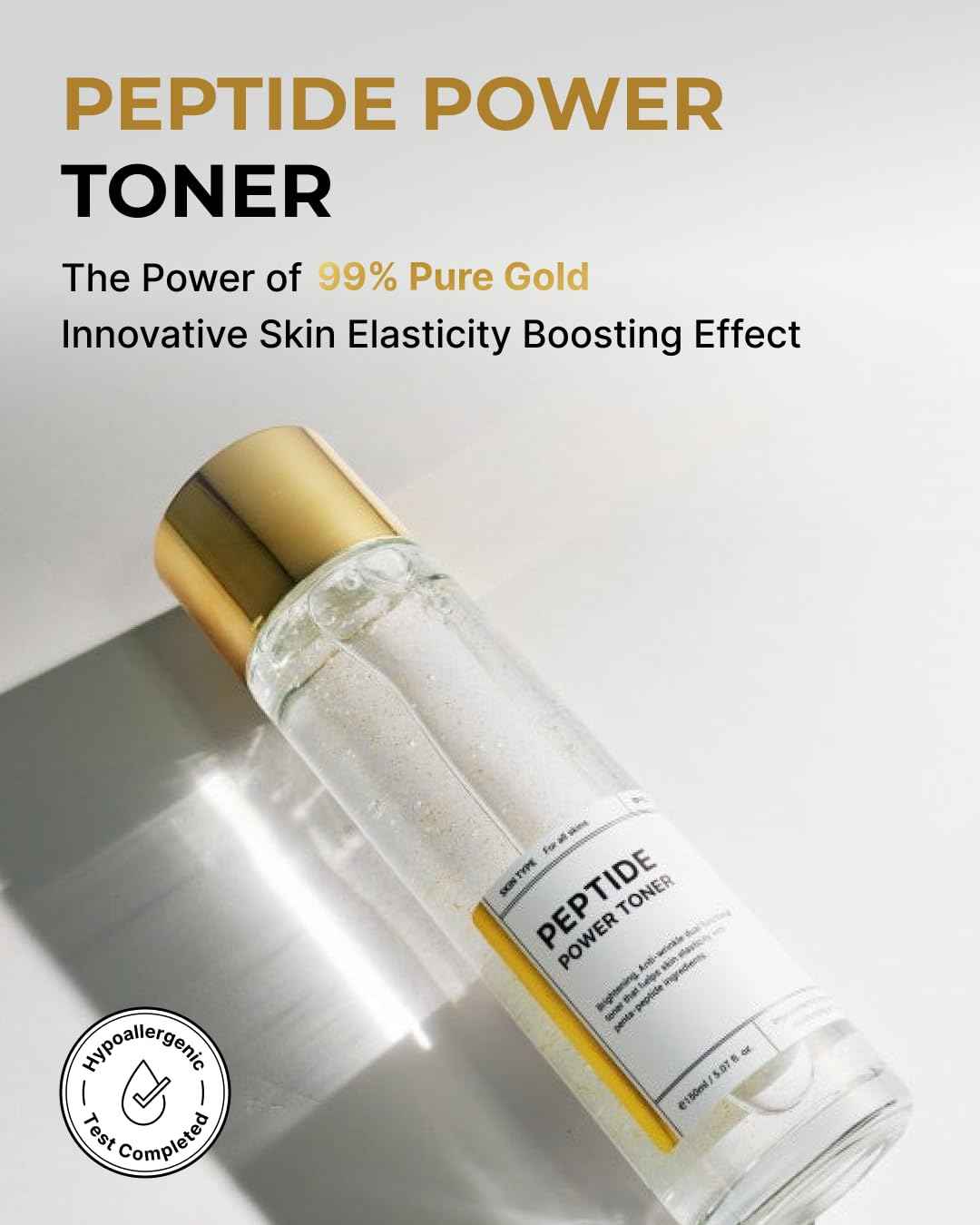 BOM Cosmetics Peptide Power Toner 5.07 Fl Oz, Hydrating Serum-Like Toner with Penta-Peptides and 99% Pure Gold for Skin Collagen Boost, Smoothness, and Long-Lasting Moisture, Korean Skincare