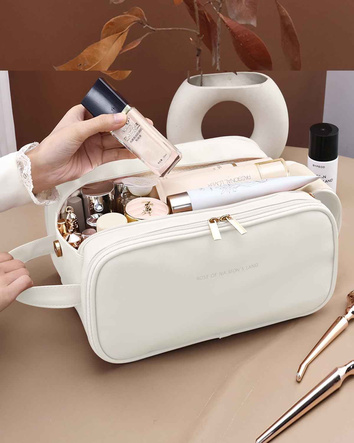 Yikisite Travel Makeup Bag - Women's Portable Travel Organizer, Waterproof Cosmetic Storage Bag, Vertical Brush Holder for Easy Access