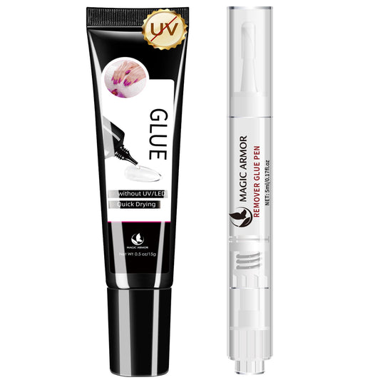 MAGIC ARMOR 15g Semi Solid Nail Glue Gel with 5ml Remover Glue Pen, Super Glue for Press On Nails, No UV Light Needed Long Lasting, Click Removal Pen Design 3-in-1 Remover