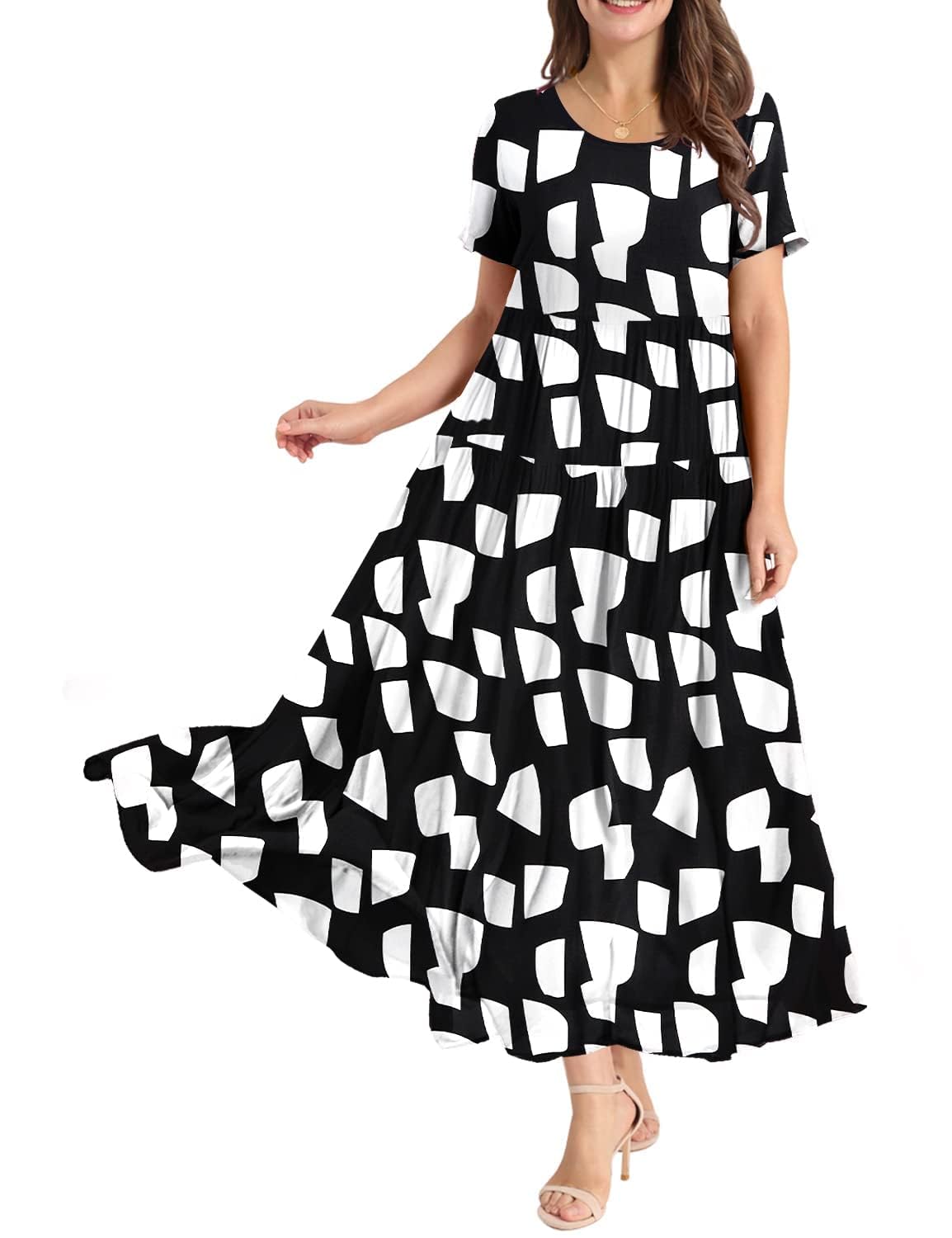 YESNO Women Casual Loose Bohemian Floral Dress with Pockets Short Sleeve Long Maxi Summer Beach Swing Dress XS EJF CR162 Black/White