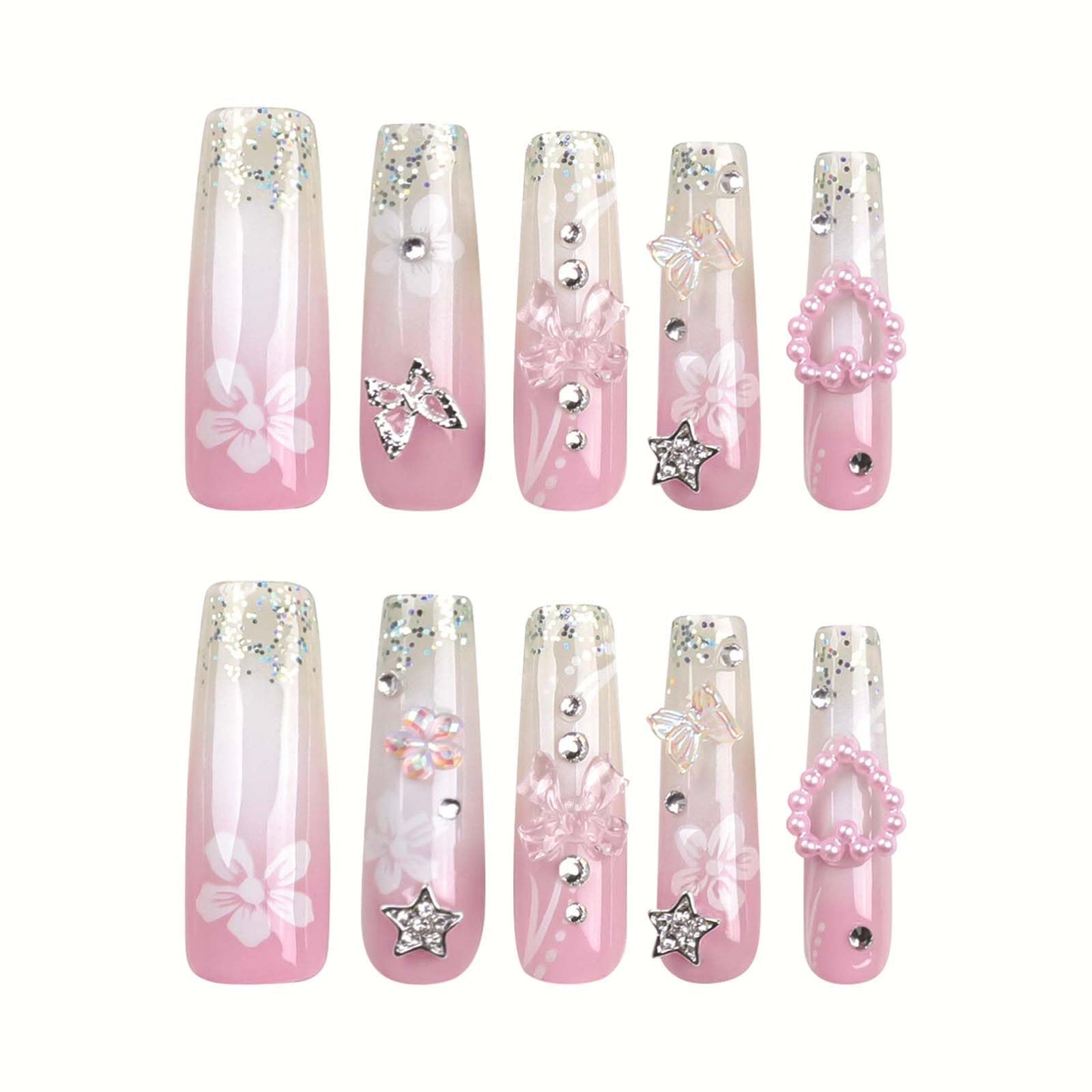 Long Square Press on Nails Ombre Pink Fake Nails with 3D Bow Heart Rhinestone Design Flower Acrylic Nails Glitter French Tip Glue on Nails Glossy Full Cover Artificial Nails for Women Girls 24Pcs