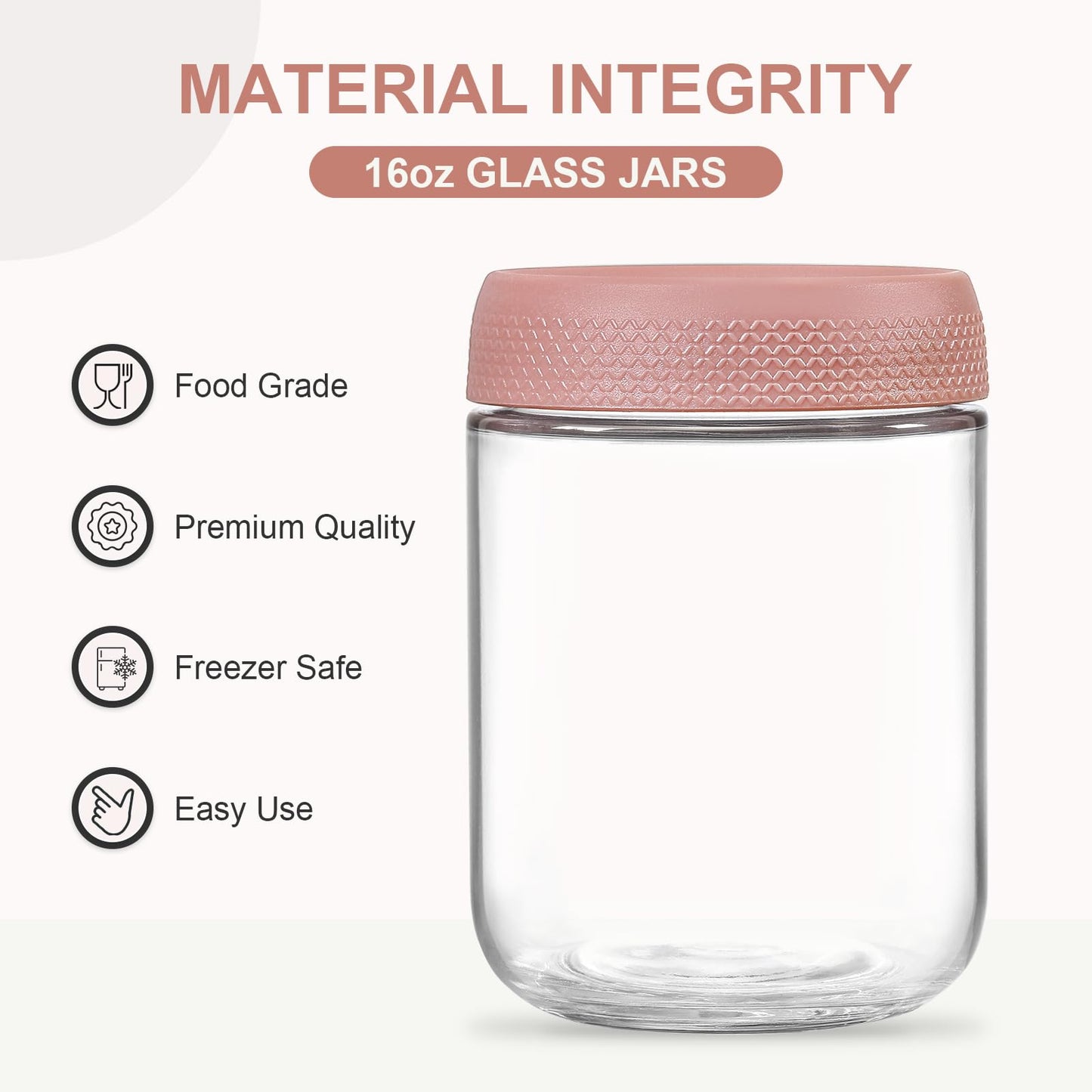 NETANY 6-pack 16oz Glass jars with Airtight Lids, Overnight Oats Containers with Lids, Wide mouth Mason Salad jars, Glass Food Storage Containers for Snacks Yogurt Spice Sugar-Pink