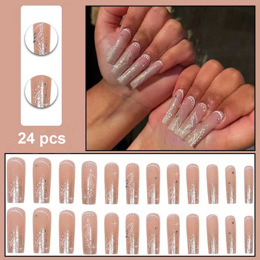 Magrace Long Square Press on Nails Fake Nails French Tips False Nails with Designs Rhinestone 24 pcs Stick on Nails for Women