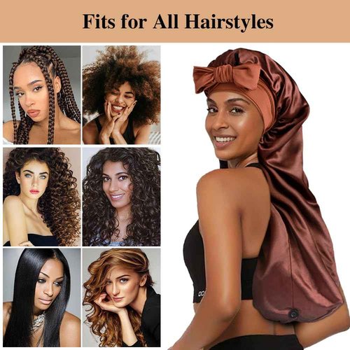 1+3 Long Satin Bonnets with Scrunchies for Women Sleeping, Double Layer Large Braid Bonnet with Tie Band, E