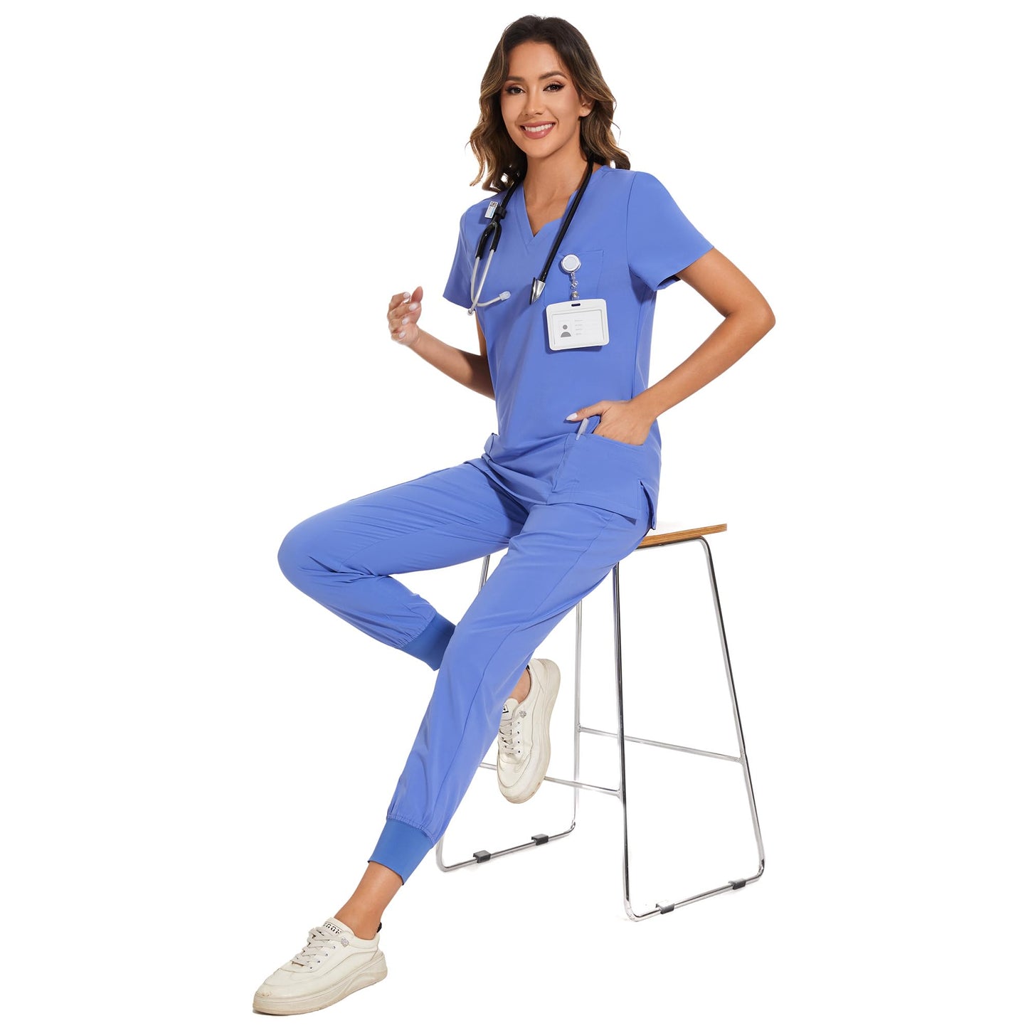 COZYFIT Scrubs for Women Set - Stretch V-Neck Scrub Top & Jogger Pant with 8 Pockets, Yoga Waistband, Anti Wrinkle, Slim Fit Women Scrubs - Ceil Blue, XS